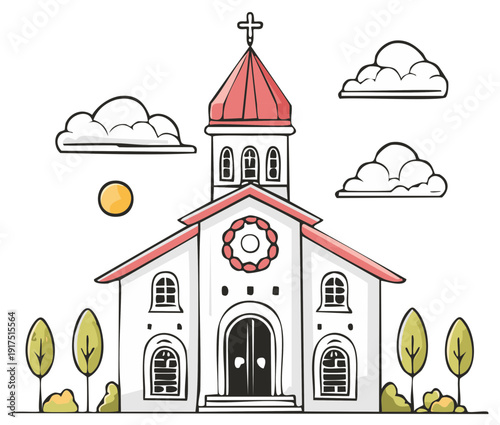 Illustrated church building with red roof, sun, clouds and trees, religious architecture