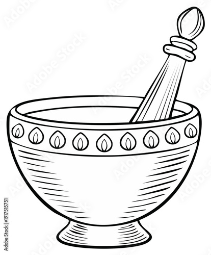 Ancient Mortar and Pestle grinding herbs or spices with decorative rim