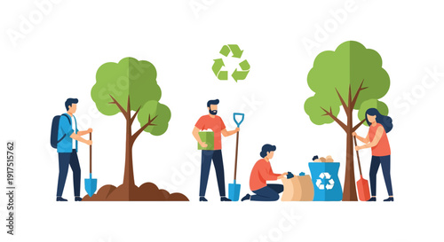 People planting trees and recycling showcasing environmental care with a flat design style on transparent background silhouette high quality professional detailed