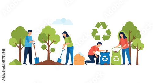 People planting trees and recycling demonstrating environmental care and sustainability on transparent background silhouette high quality professional detailed modern elegant stylish