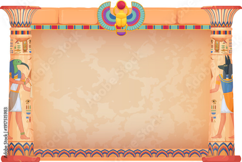 Egyptian game frame. Cartoon ancient column background