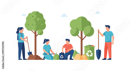 People planting trees and collecting trash in a park environment a flat vector illustration on transparent background silhouette high quality professional