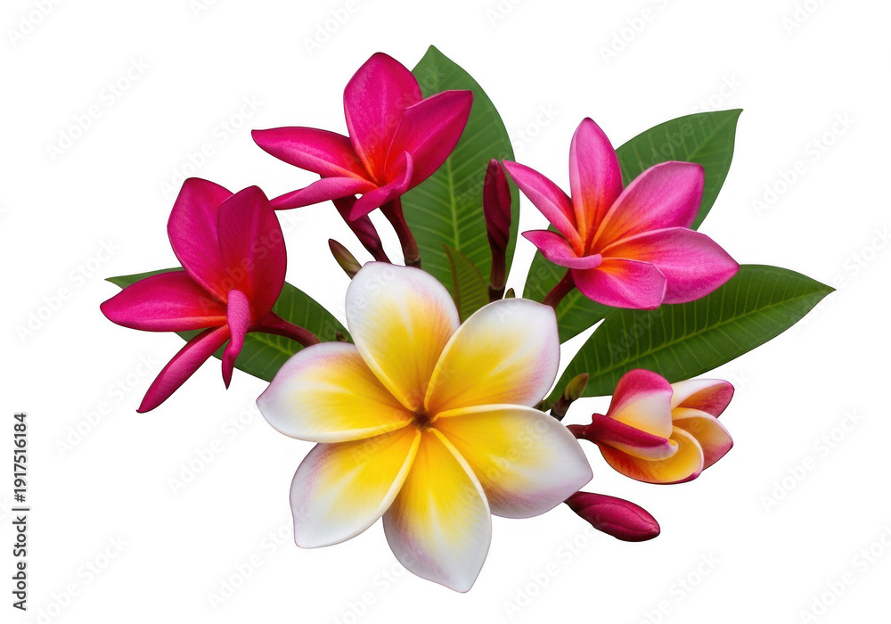 Fototapeta premium Vibrant plumeria flowers with green leaves isolated on transparent background