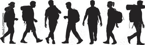Hikers with backpacks silhouette set, trekking travelers walking in different poses, outdoor adventure and travel concept vector illustration isolated on white background