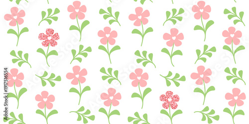 Pink flowers with leaves and glitter texture and green leafy sprigs on a white background. Summer endless texture with floral and plant ornaments. Vector seamless pattern for surface texture, printing
