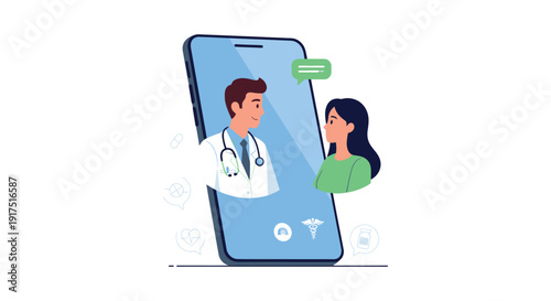 A modern illustration of a doctor and patient video call on a smartphone ideal for telehealth concepts on transparent background silhouette