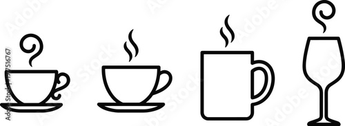 Hot beverage cup and mug line icons set, steaming coffee and tea outline vector illustration isolated on white background for cafe menu
