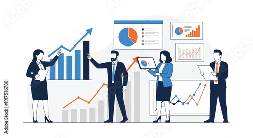 A modern business presentation scene with diverse people analyzing data charts and graphs on transparent background silhouette high quality professional detailed