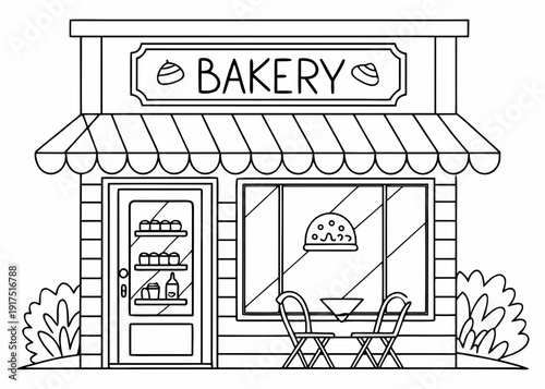 Simple black and white outline drawing featuring a charming neighborhood bakery storefront with an awning displaying treats and outdoor seating area.