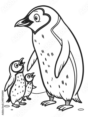 Charming black and white coloring page illustration featuring a parent penguin standing protectively beside two small hungry chicks waiting patiently for food.