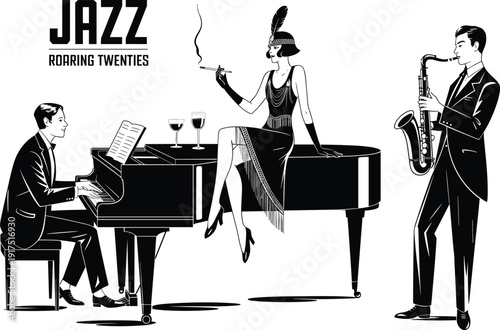 Jazz band performance illustration, roaring twenties musicians with piano and saxophone, flapper woman in vintage dress, black and white vector art design