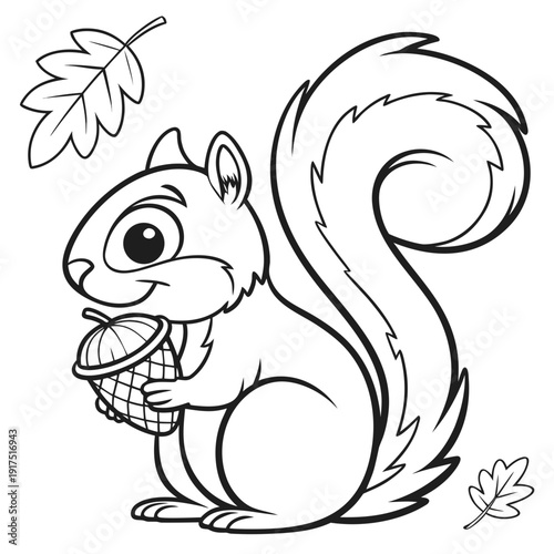 Cute cartoon squirrel with big bushy tail happily holding a large textured acorn surrounded by falling autumn oak leaves line art.