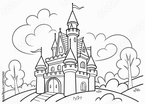 Majestic fairytale castle coloring page ready for creative decoration featuring turrets towers and scenic landscape elements for children's activities