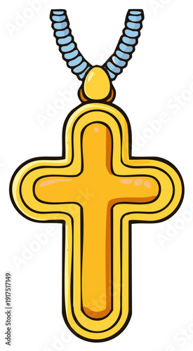 Golden Christian Cross Necklace with Blue Beaded Chain Religious Symbol Pendant