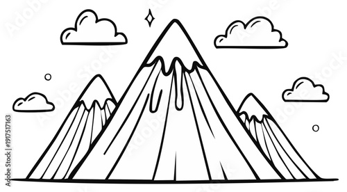 Hand-drawn mountain range with clouds and sparkling star illustration