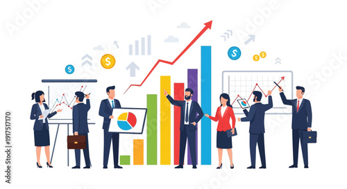 Business professionals analyzing growth charts and data with a rising arrow ideal for presentations on transparent background silhouette high quality professional