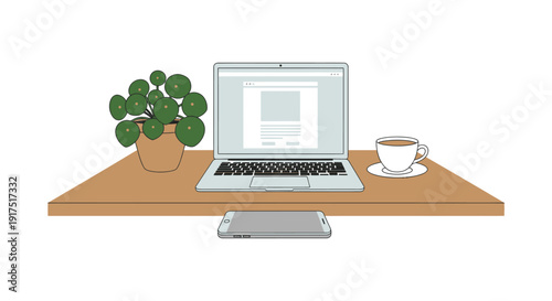 A minimalist workspace setup with a laptop plant coffee and phone ideal for design projects on transparent background silhouette high quality