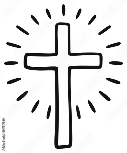 Simple hand-drawn cross with emanating rays of light, religious symbol.