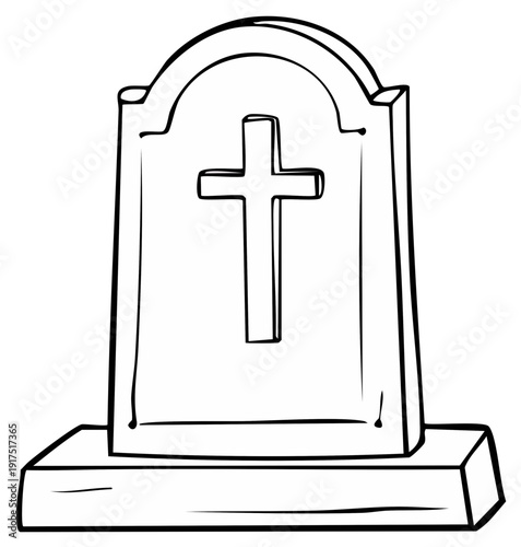Simple stone gravestone with a carved cross symbol on a rectangular base line art illustration