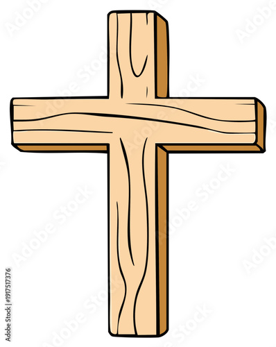 Wooden Christian cross, illustration of religious symbol, isolated on white background.