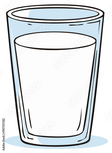 Illustration of a full glass, beverage or liquid cartoon with black outline and blue shadow rendering a healthy food or drink concept