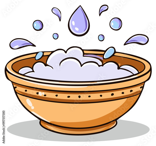 Cartoon brown bowl with frothy soap suds and splashing water drops illustration