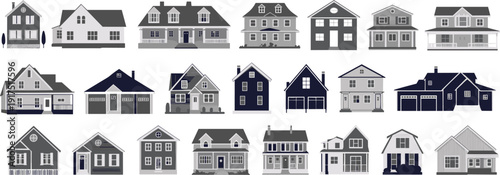 Modern suburban house collection illustration, residential home facades set, real estate property architecture icons isolated on white background
