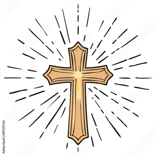 Golden cross shining rays symbol faith illustration religion spiritual belief easter vector drawing.