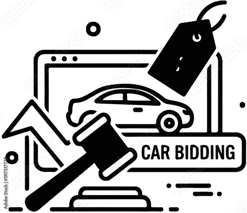 Digital car auction with gavel, price tag, and upward trending graph