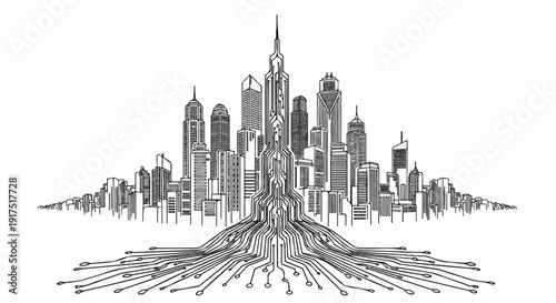 Digital circuit lines flow into a stylized city skyline in black and white