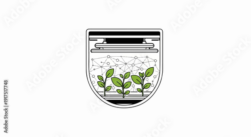Digital greenhouse with growing plants and interconnected nodes