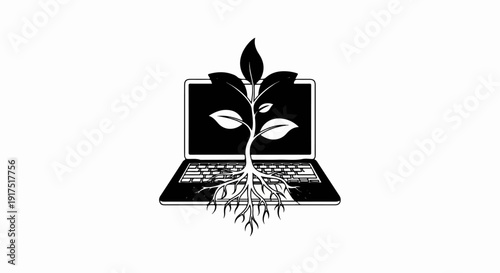 Digital growth concept a plant with roots emerges from a laptop