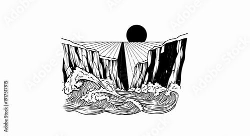 Dramatic black and white illustration of waves crashing against rocky cliffs under a dark sun