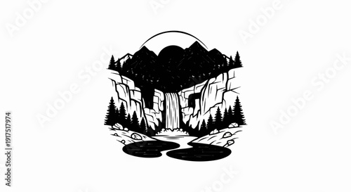 Dramatic mountain waterfall plunging into dark pools, framed by trees