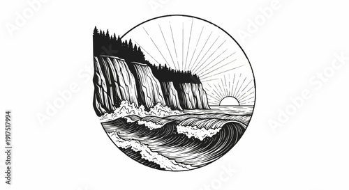 Dramatic sunset over choppy ocean waves crashing on steep cliffs