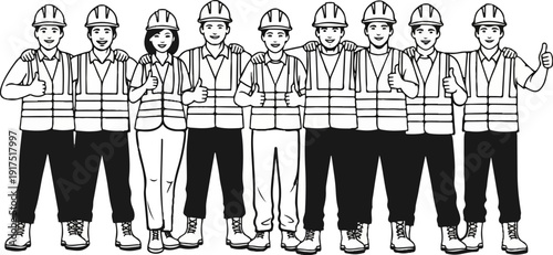 Diverse construction team wearing hard hats and vests, giving thumbs up