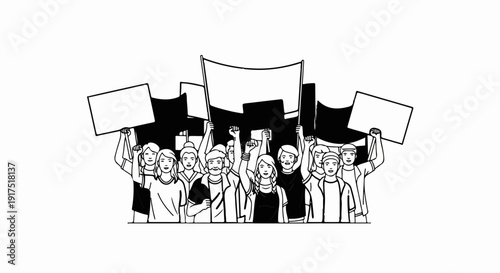 Diverse group of people holding signs and flags, unified in protest