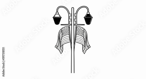 Dual lamps on a pole with two waving American flags below