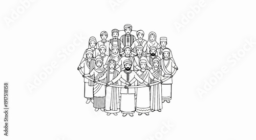 Diverse group of people in traditional attire, holding a ceremonial sash