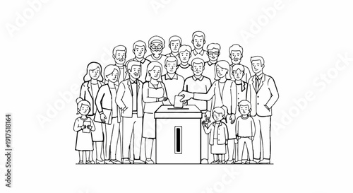 Diverse group of people, including children and adults, participating in a vote at a ballot box