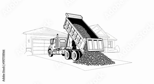 Dump truck unloading gravel in front of a house with a garage