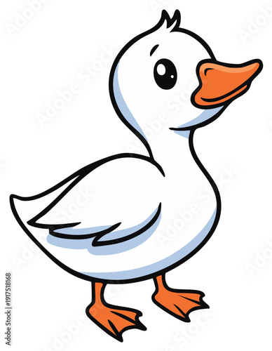 Cartoon duckling illustration with orange beak and feet. Cute white waterfowl for children's storybooks and designs.