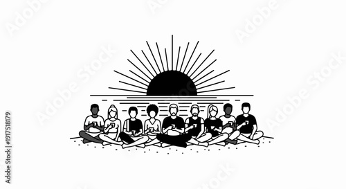 Diverse group of people sitting cross-legged on a beach, looking at phones, with a sunrise behind them