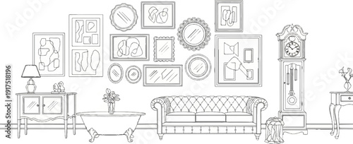 Elegant line art of a living room with ornate furniture and framed art