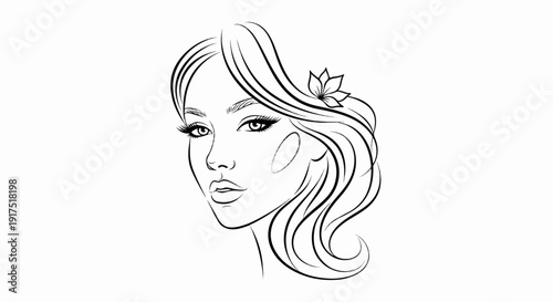 Elegant line art of a woman's face with flowing hair and a flower