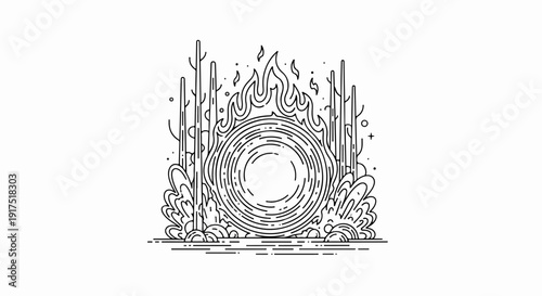 Fiery portal surrounded by abstract trees and flowing water