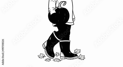 Figure in boots holds a pumpkin with fallen autumn leaves