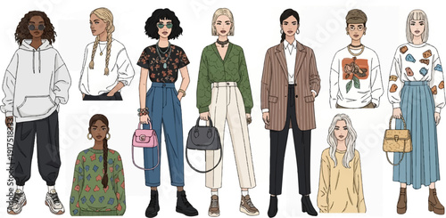 Diverse group of women showcase various fashion styles and accessories