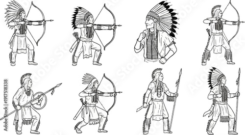 Eight line drawings of Native American warriors with headdresses and weapons