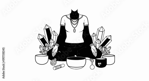 Figure meditating surrounded by crystals and singing bowls, aura
